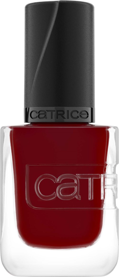 Red nail polish in a clear bottle with a black cap and brand name on the cap.