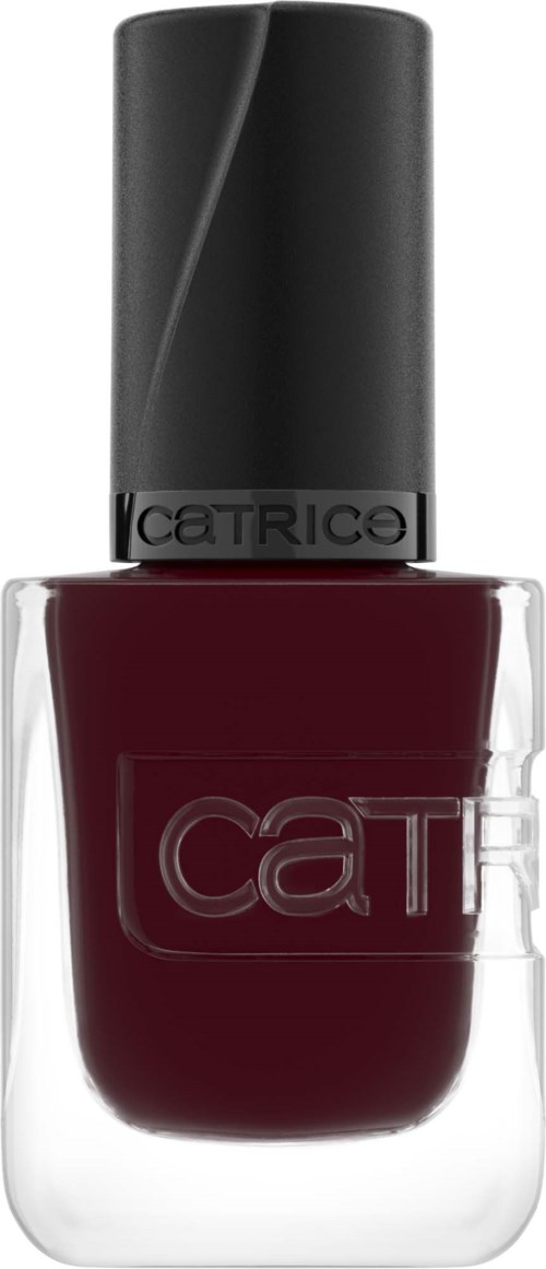 A dark red nail polish in a clear glass bottle with a black cap and brand label.
