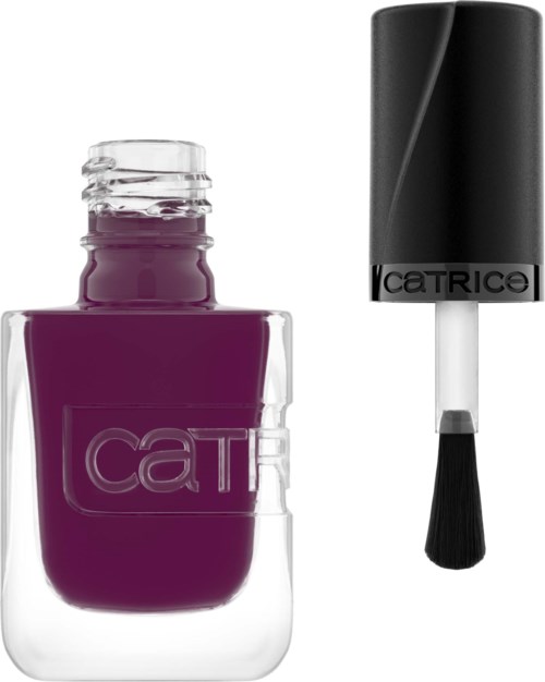 Purple nail polish in a glass bottle with a black brush applicator.