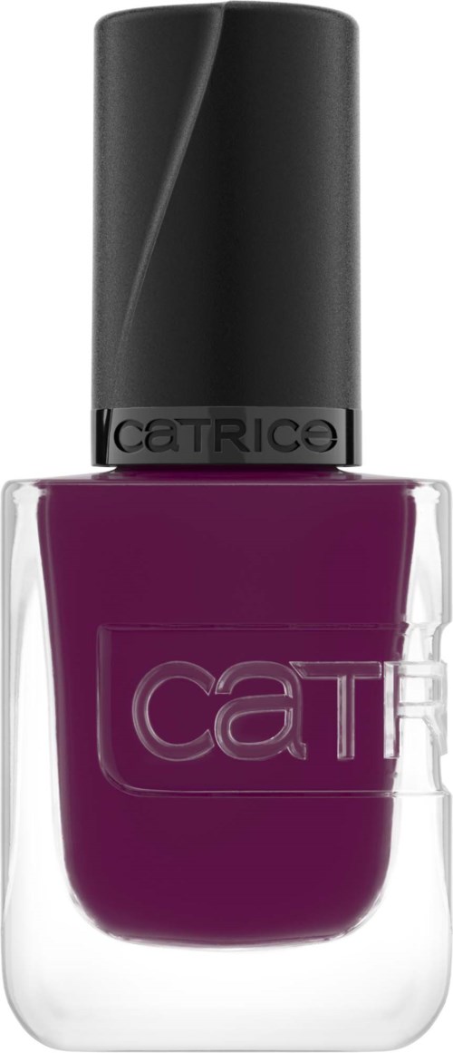 A nail polish bottle with purple liquid and a black cap, labeled 'CATRISE' on the cap and bottle.