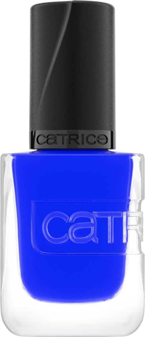 Bright blue nail polish bottle with a black cap and the brand name CATRICE on the cap.