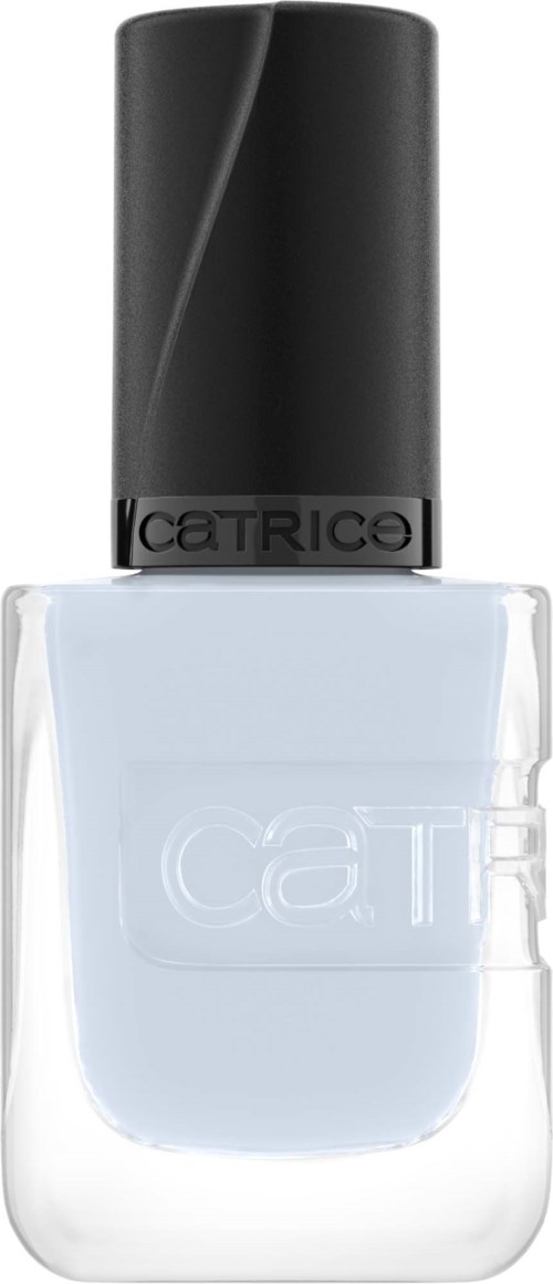 En tydlig Catrice nagellackflaska med svart lock, innehållande ljusblå nagellack.