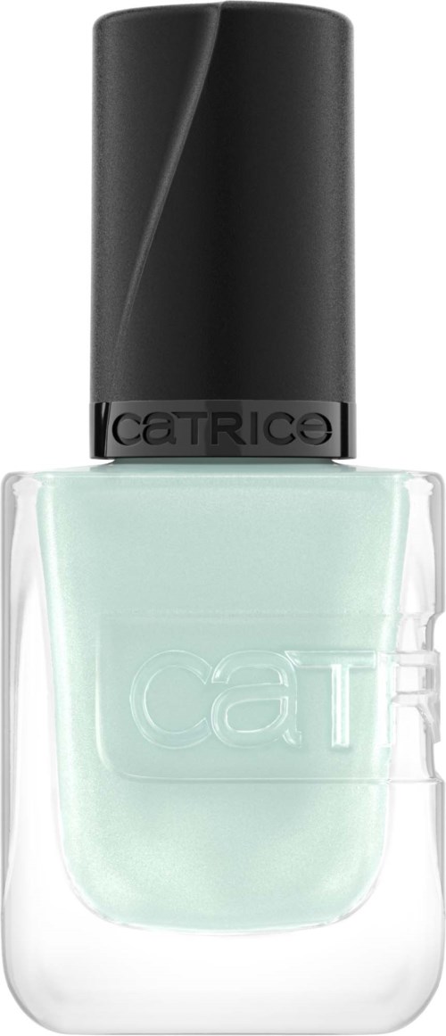 A bottle of light green nail polish with a black cap and brand name Catrice on it.