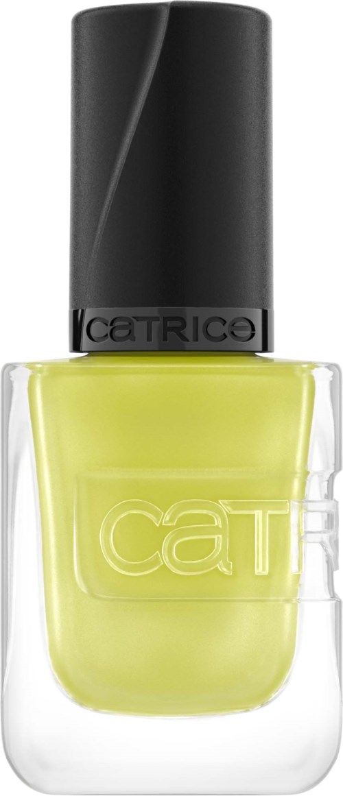 En gul nagellackflaska med svart lock och märket 'Catrice' på locket.