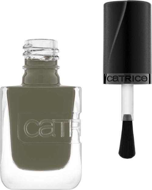 A nail polish bottle and a brush are shown, with the nail polish in a taupe color.