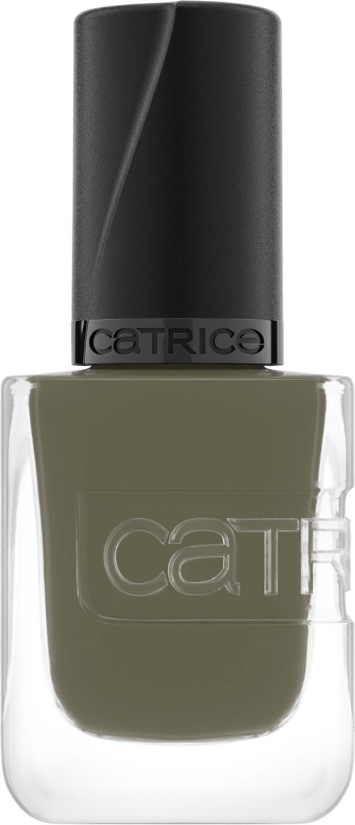 A bottle of olive green nail polish with a black cap and brand name CATRICE on the label.