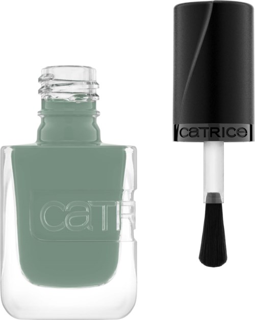 A nail polish bottle with green polish and a black applicator brush.