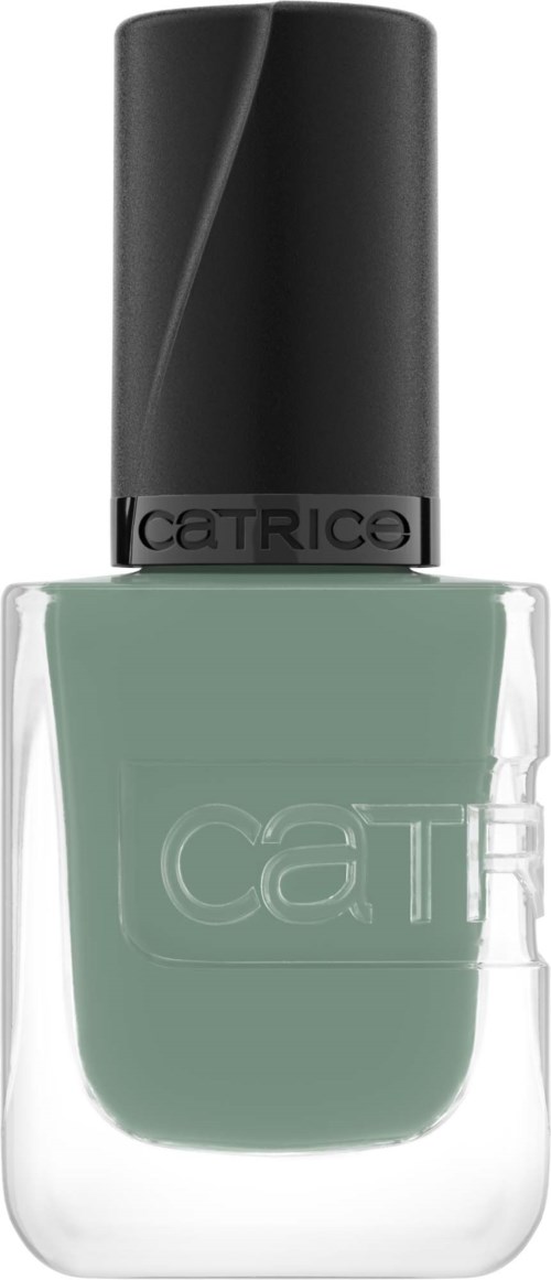 A light green nail polish bottle with a black cap and the brand name Catrice.