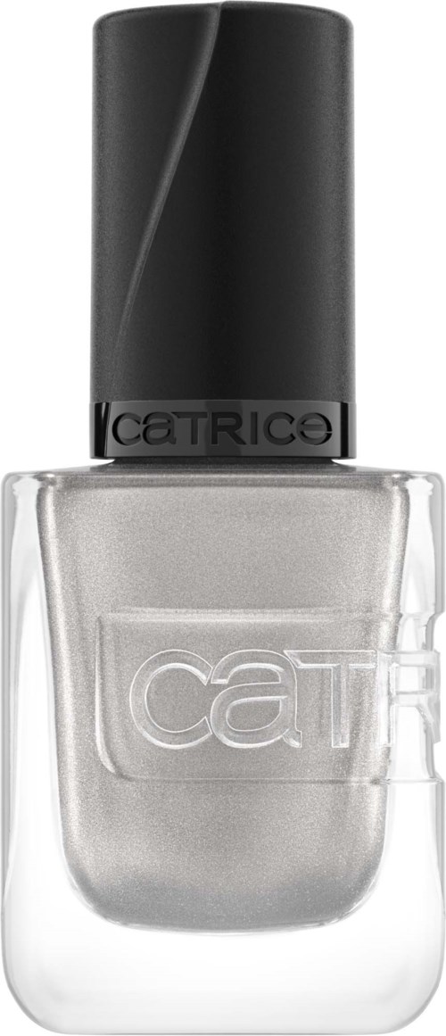 A silver-grey nail polish bottle with a black cap and the brand name 'Catrice' embossed on the glass.