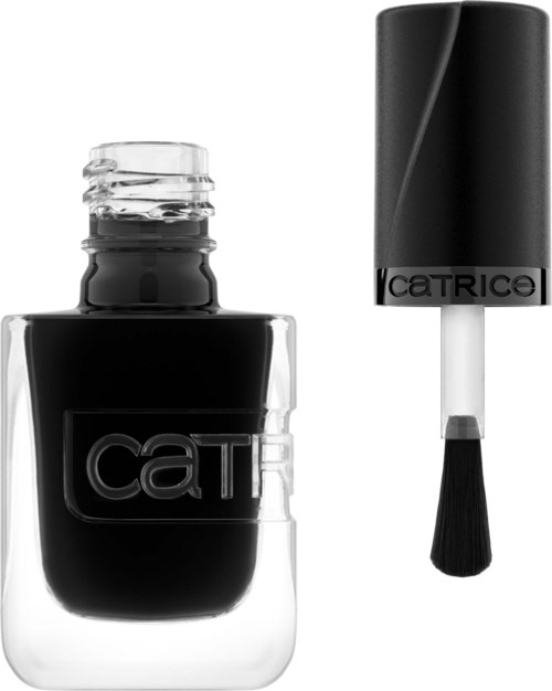 A black nail polish bottle with a brush applicator, both labeled 'Catrice', on a white background.