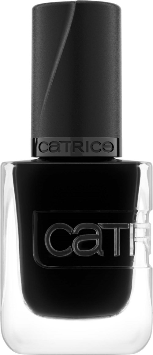 A black nail polish bottle with a clear bottom and a black cap. The brand name 'Catrice' is on the bottle.
