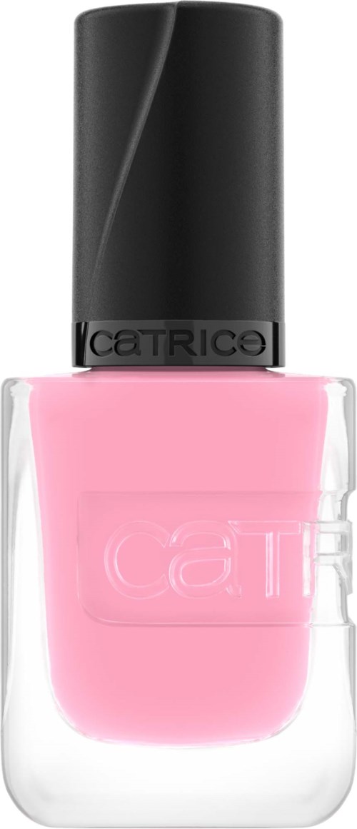 Pink nail polish in a clear bottle with a black cap and Catrice branding.