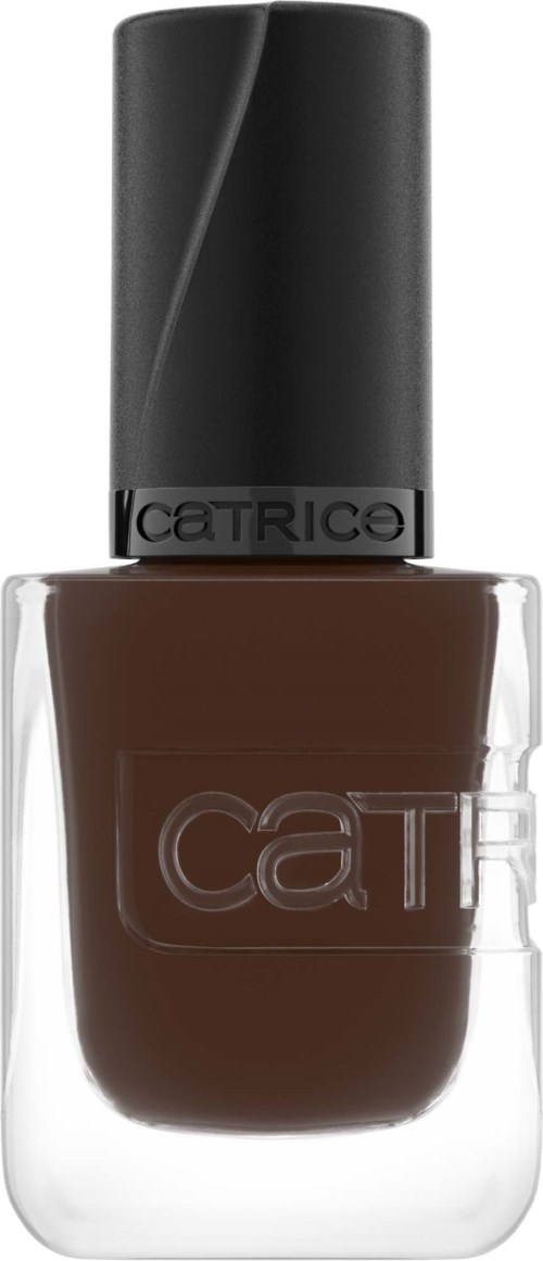 A brown nail polish in a glass bottle with a black cap and "Catrice" label.