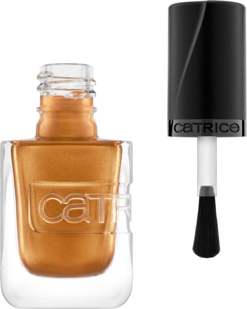 A nail polish bottle with a golden color and a separate black cap with brush for application.