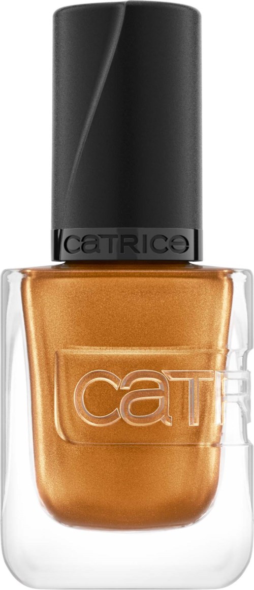 A bottle of gold-colored nail polish with a black cap and the brand name Catrice.