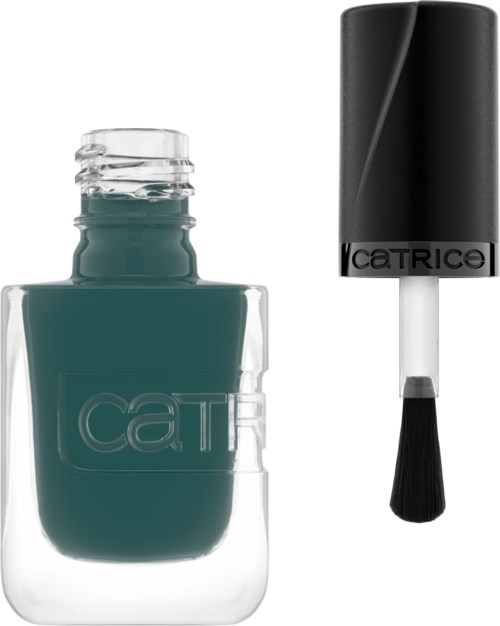 A teal nail polish bottle with a black cap and brush beside it.