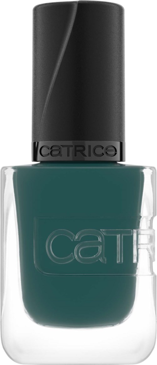 A teal nail polish bottle with a black cap and CATRICE label.