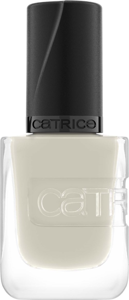A white nail polish bottle with a black cap and the brand name CATRICE on the front.