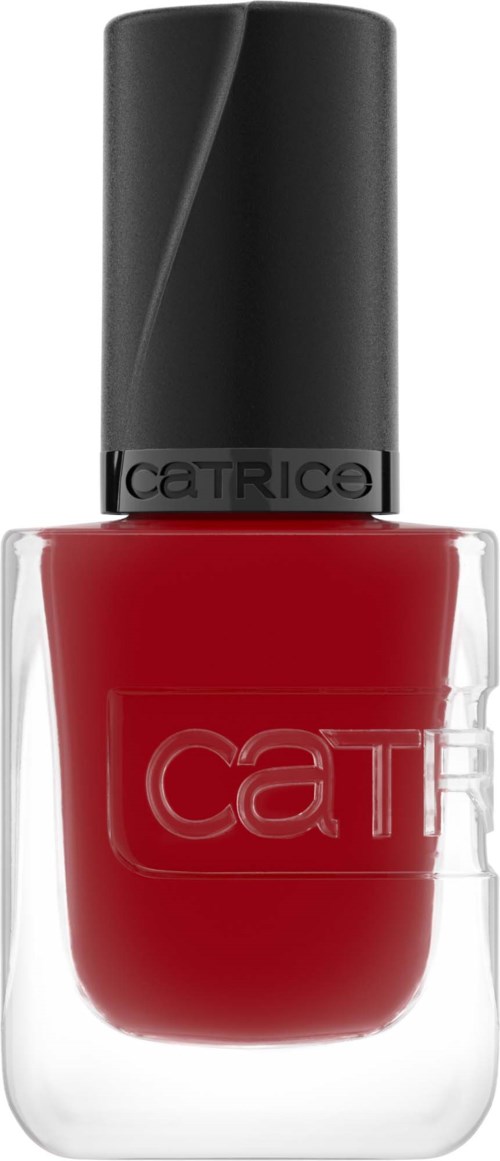 A red nail polish bottle with a black cap, labeled Catrice. Bold and simple packaging.