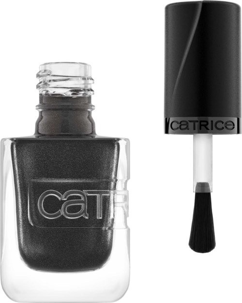 Black nail polish in a bottle with a brush applicator beside it.
