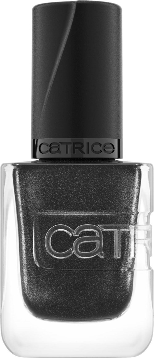 Black nail polish bottle with a label and a black cap.