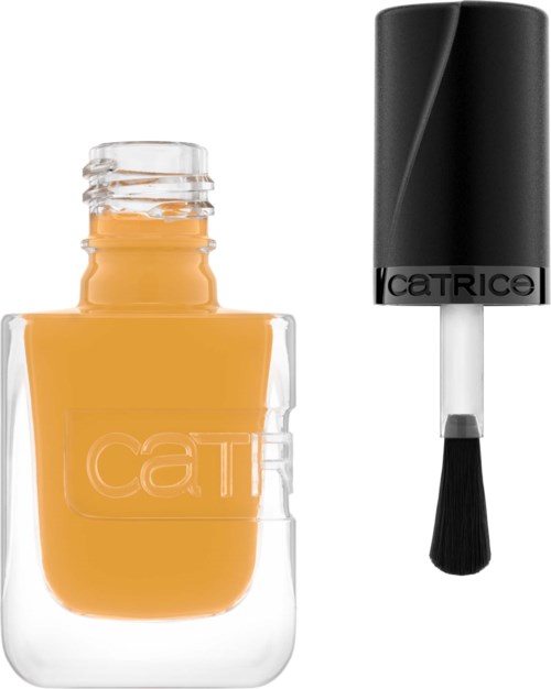 A nail polish bottle with orange color and a black brush applicator beside it.