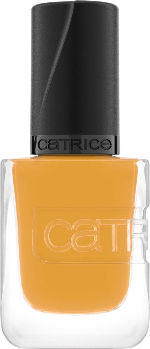 A bottle of yellowish nail polish with a black cap and a clear glass base.