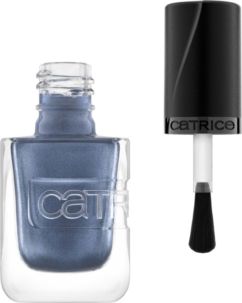 Blue nail polish in a clear bottle with a black lid and brush.