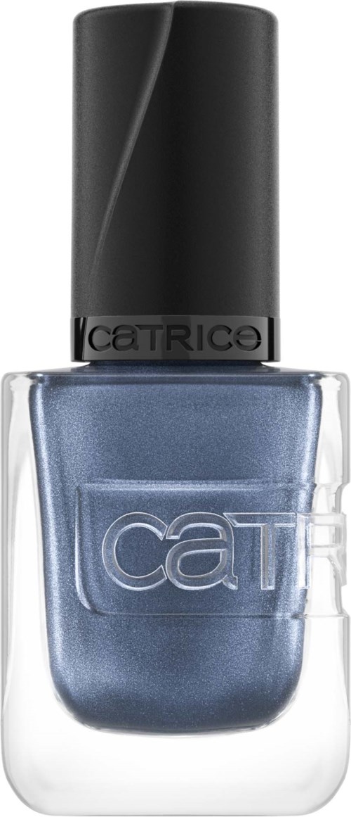 A blue-gray nail polish bottle from Catrice with a black cap and embossed brand name.