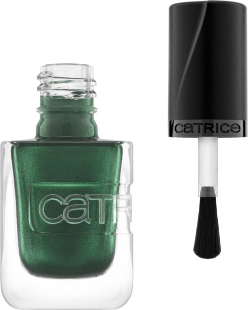 Green nail polish bottle with a black cap and brush, branding reads "Catrice."