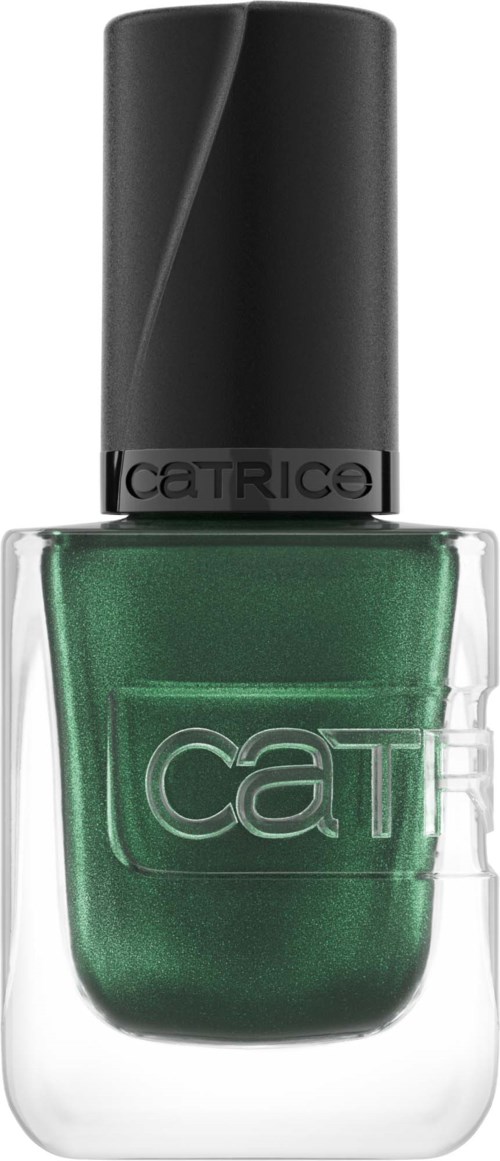 Green nail polish in a glass bottle with black cap and 'CAT' logo. The bottle is partially transparent.