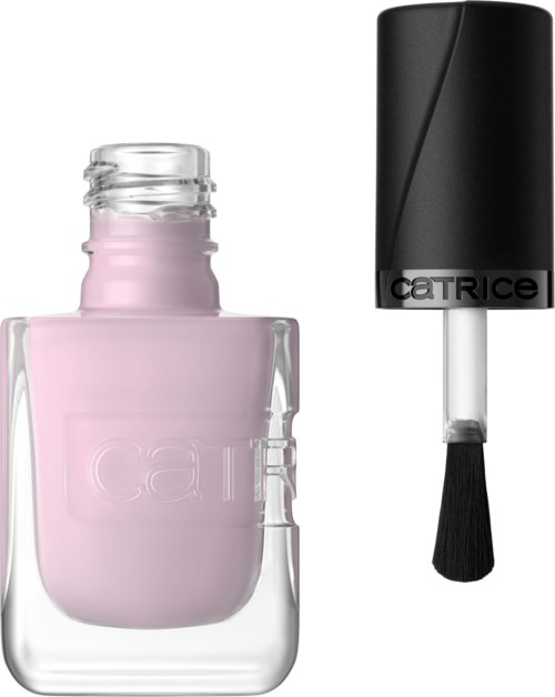 Pink nail polish bottle is open, with brush nearby. Black cap with the brand name Catrice on it.
