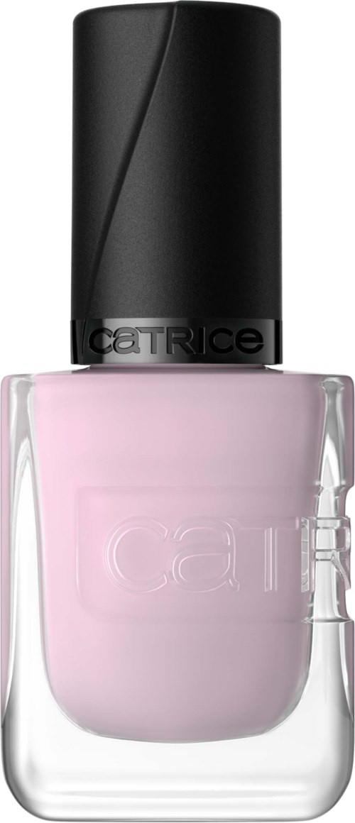Pink nail polish bottle with a black cap and the brand name CATRICE on the cap.