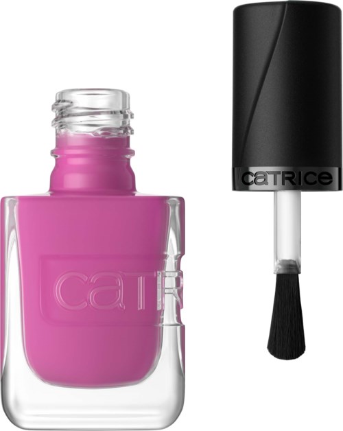 A pink nail polish bottle with a black cap and a brush applicator next to it.
