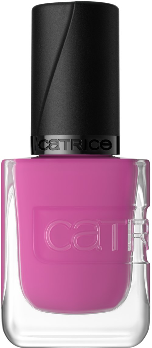 Pink nail polish in a clear glass bottle with a black cap.