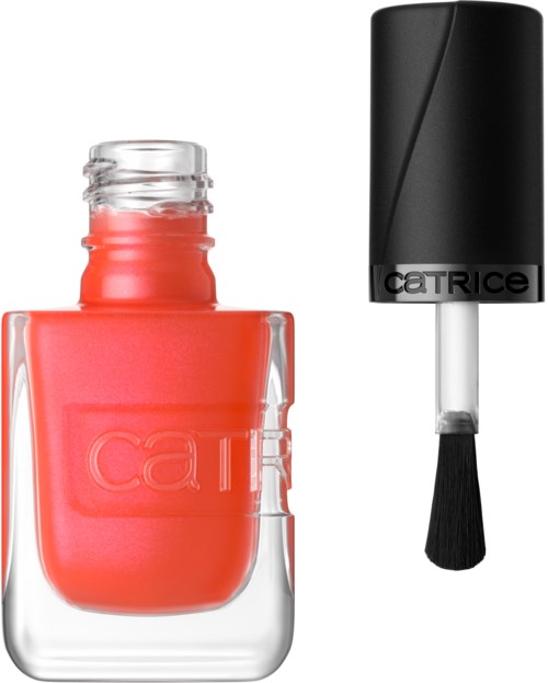 A coral nail polish bottle with a black cap and brush next to it.