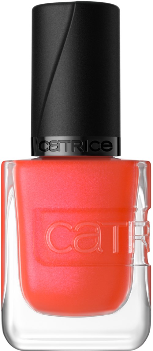 Bright coral nail polish in a glass bottle with black cap, simple design, CATRICE brand is visible.