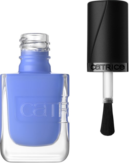 Blue nail polish in a glass bottle with a black cap and brush. CATRICE logo on the cap.