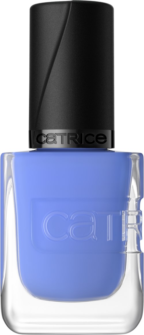 Blue nail polish in a clear bottle with a black cap. The brand name, Catrice, is on the bottle. Simple and elegant.