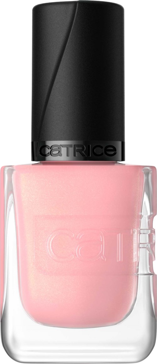 Pink nail polish in a glass bottle with a black cap. Catrice branding on the cap.
