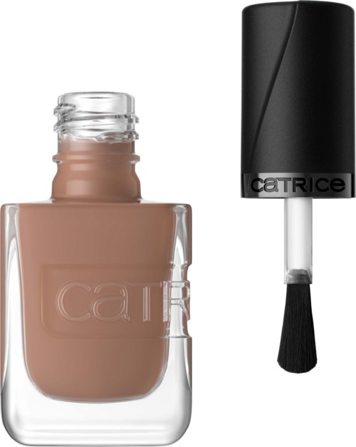 A bottle of Catrice nail polish with a black cap and brush beside it.