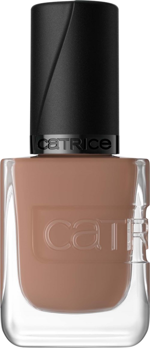 A bottle of beige nail polish with a black cap and Catrice logo.