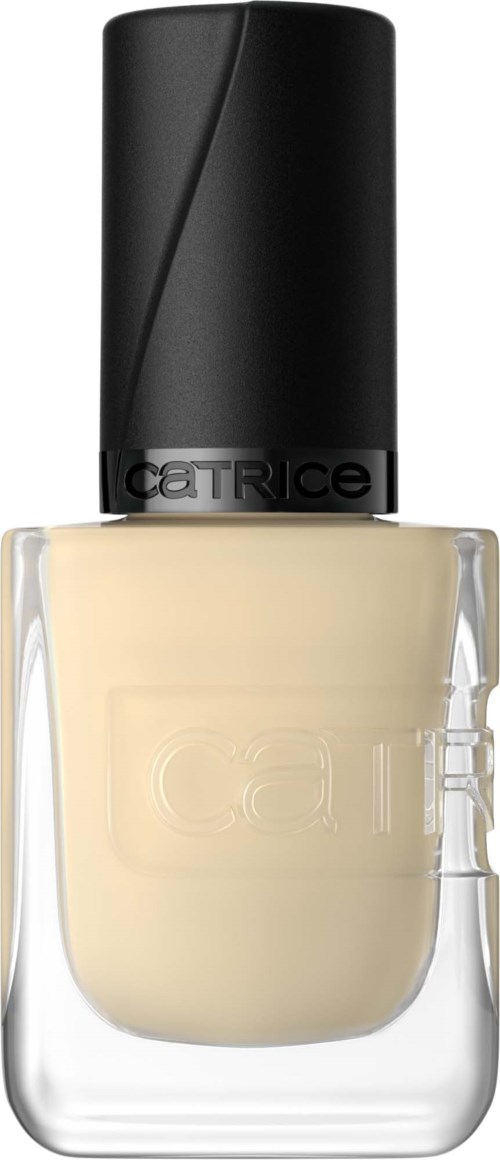 A Catrice nail polish bottle with a black cap, beige nail polish inside, and clear glass.
