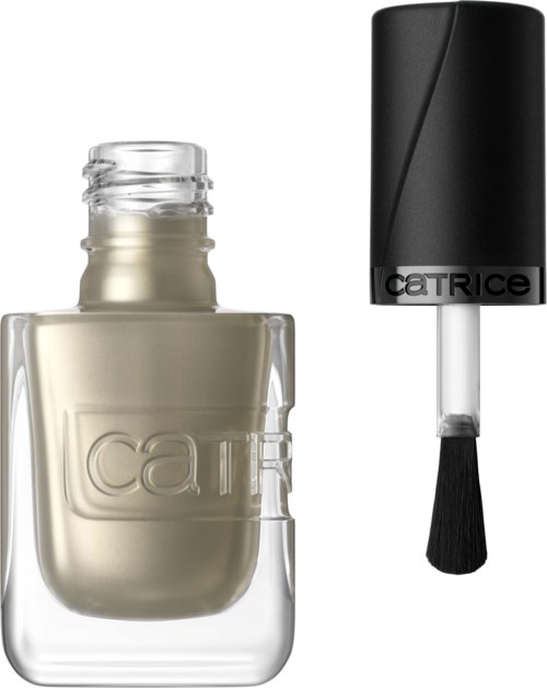 A bottle of Catrice nail polish with black brush applicator next to it.