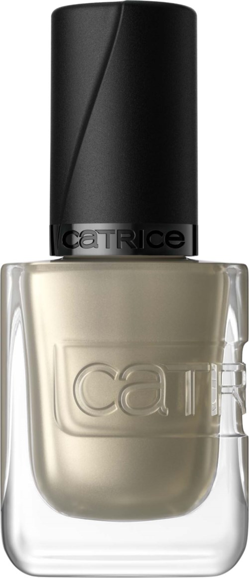 A beige nail polish bottle with a black cap and the brand name CATRICE on the cap.