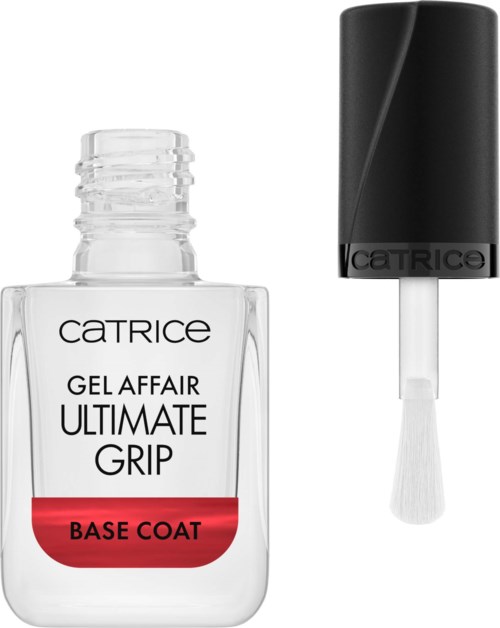 Eine klare Nagellackflasche mit der Aufschrift 'Catrice Gel Affair Ultimate Grip Base Coat' mit schwarzem Deckel und weißem Pinsel.