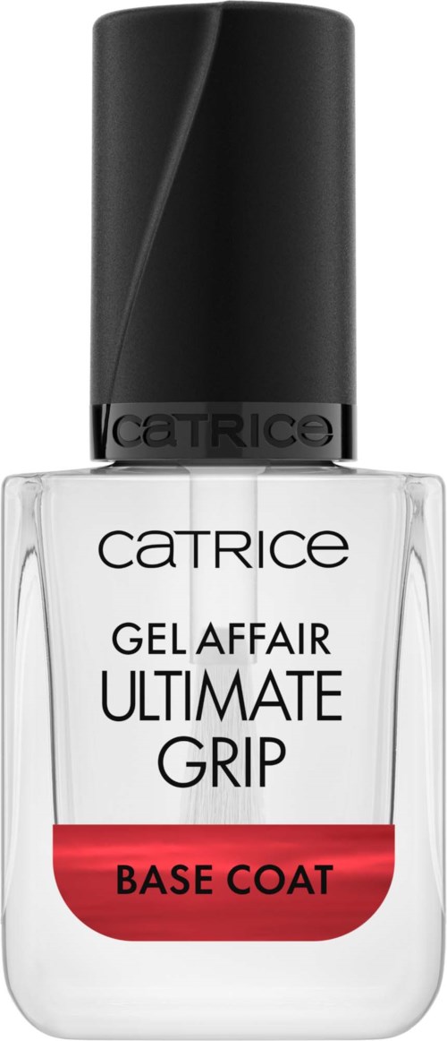 Eine klare Nagellackflasche mit schwarzem Deckel und rotem Etikett, zeigt den Produktnamen.