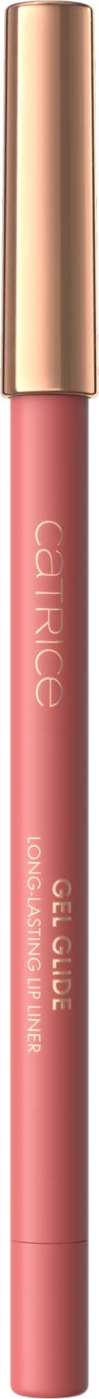 A pink lip gloss with a gold cap, branded with 'Catrice', features a clear body showing the product inside.