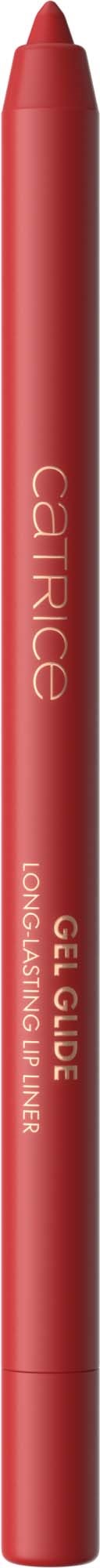 A red lip gloss pencil with white and gold text, standing vertically against a black background.