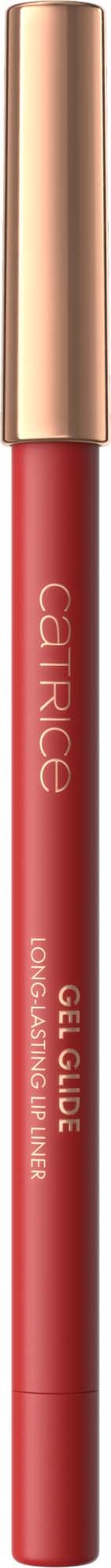 A red lip gloss stick with a gold cap, labeled "Catrice Gel Gloss" on a black background.